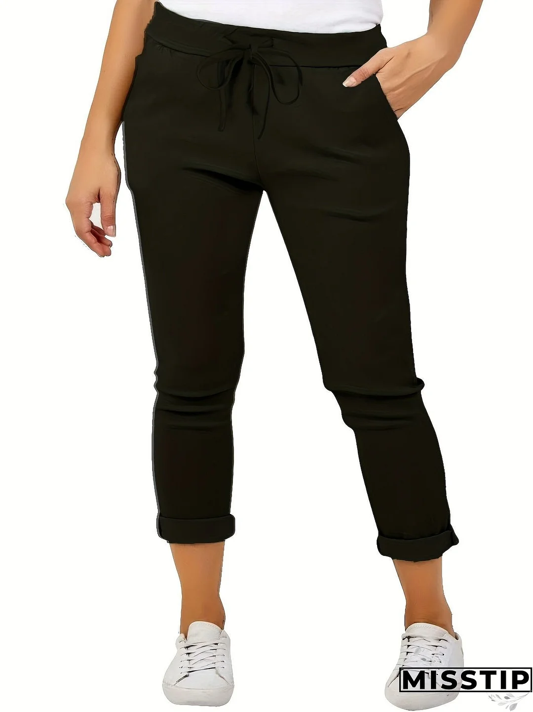Plus Size Casual Pants, Women's Plus Solid Drawstring Roll Up Hem Slight Stretch Pants