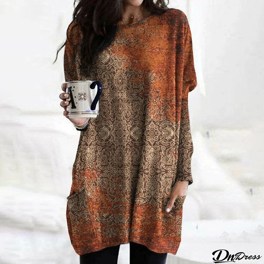 Retro Brown Round Neck Top