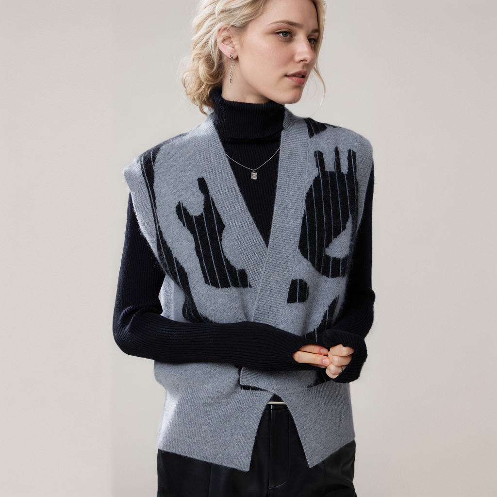 Gilet en cachemire jacquard décontracté pour femme- SOIE PLUS