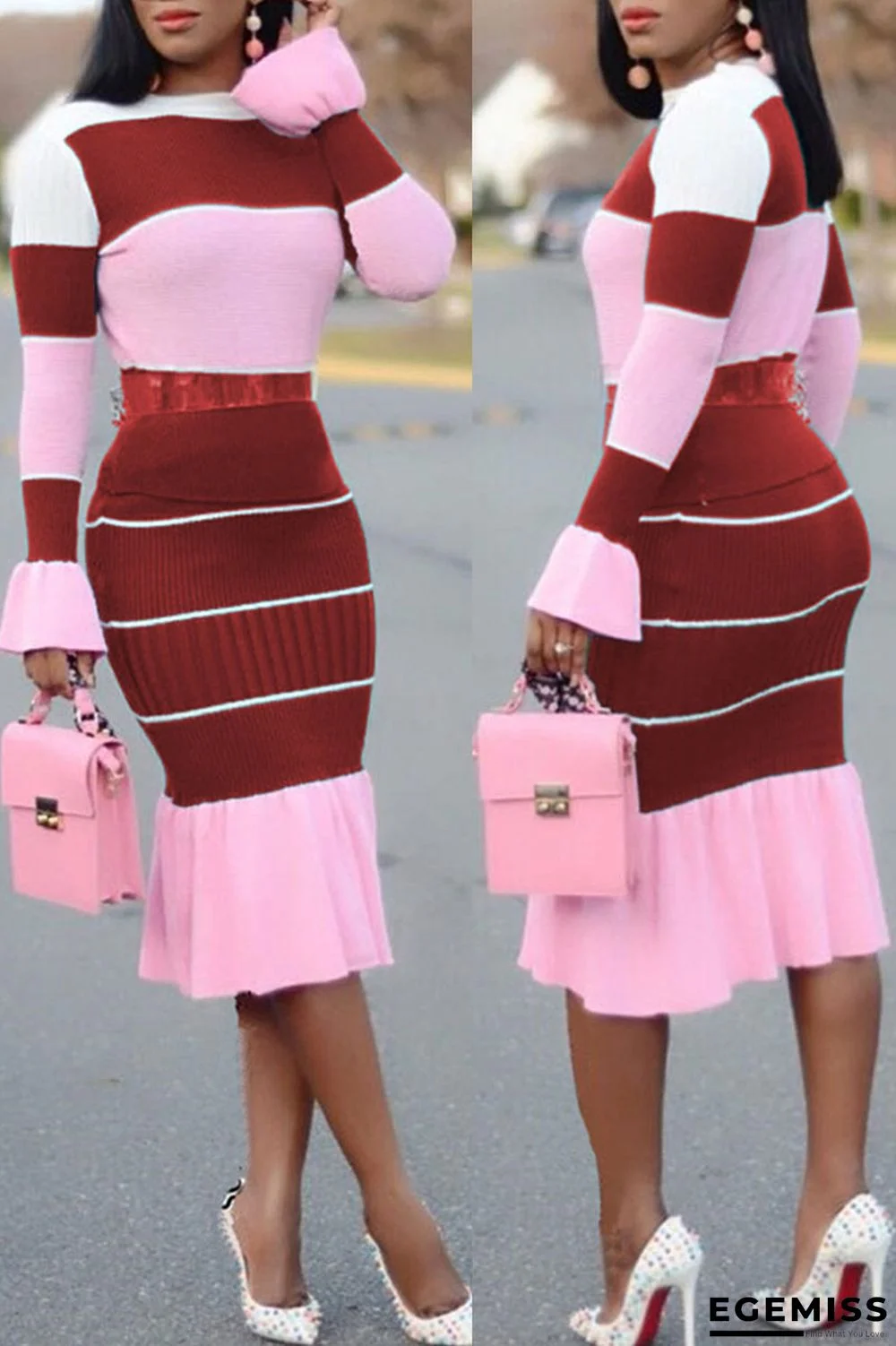 Red Casual Striped Print Patchwork O Neck Long Sleeve Two Pieces | EGEMISS