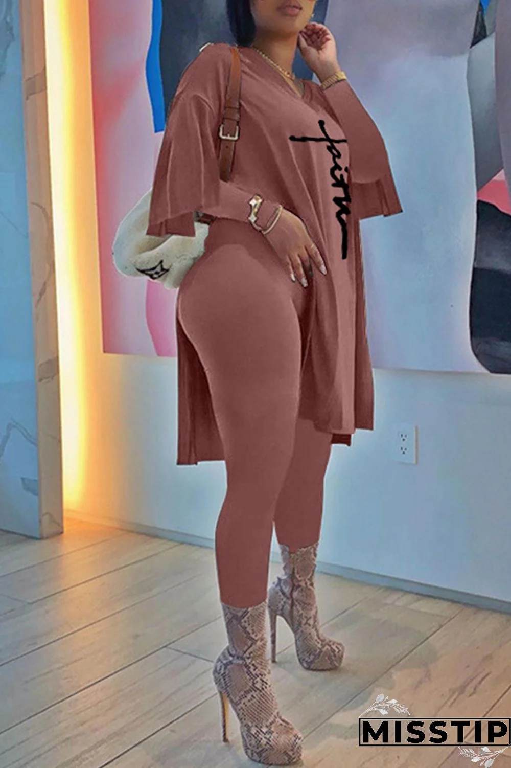 Black Fashion Casual Embroidery Slit V Neck Long Sleeve Two Pieces