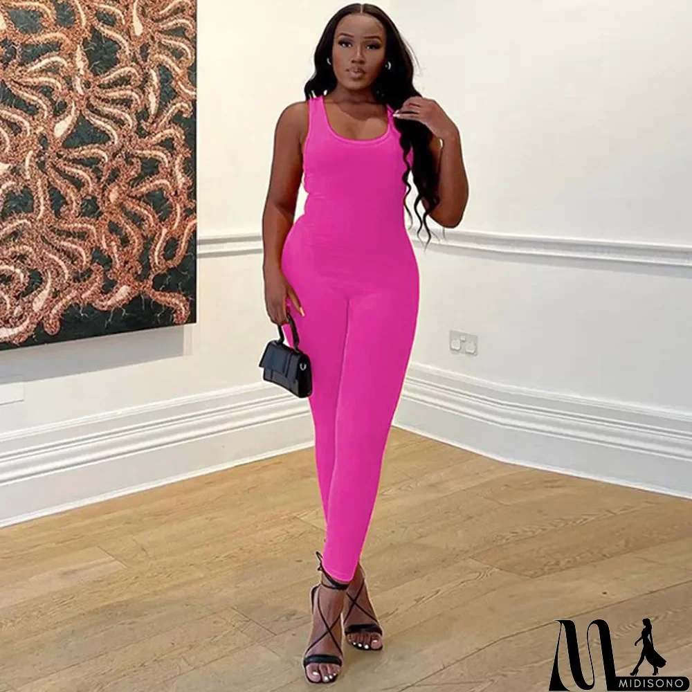 MidiSono - Women Solidu Collar Slim Jumpsuit