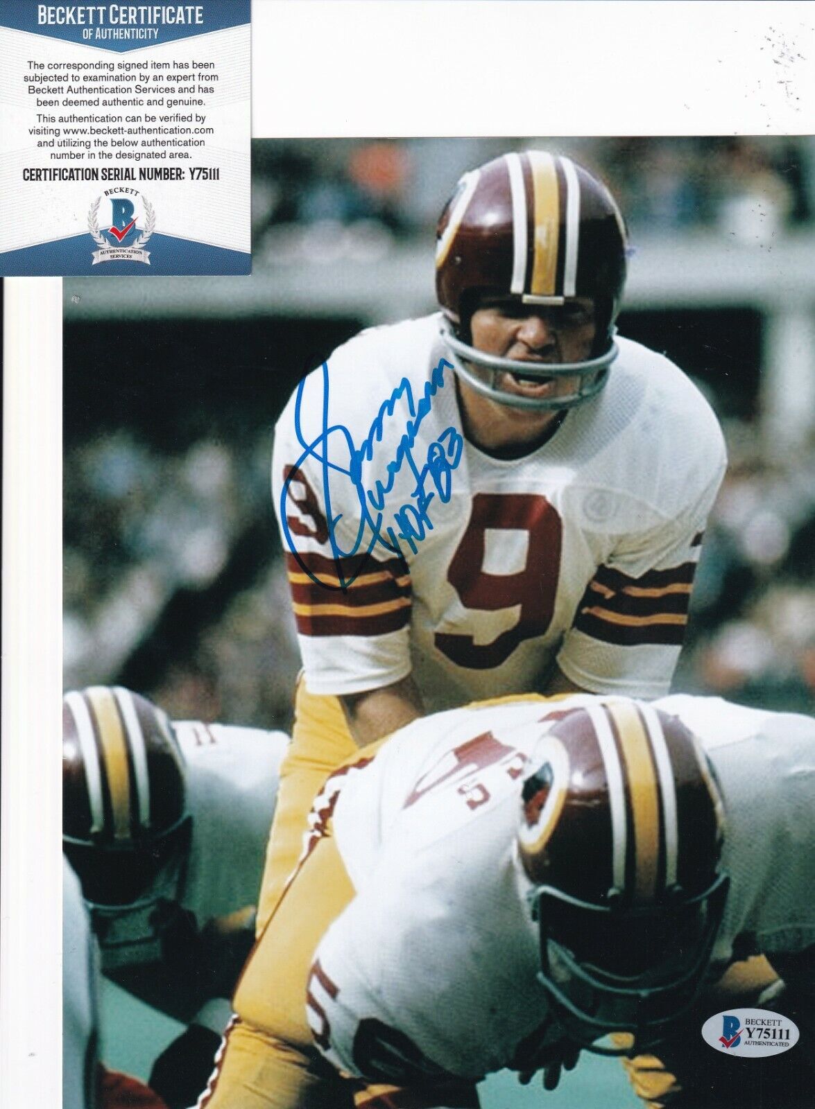 SONNY JURGENSEN signed (WASHINGTON REDSKINS) Football 8X10 BECKETT BAS Y75111