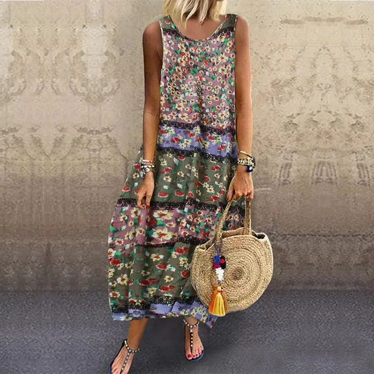 Plus Size Boho Maxi Dress Floral Print Crew Neck Sleeveless Lantern Dress