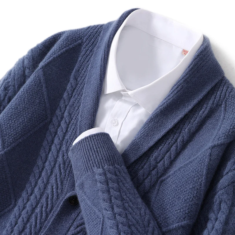 Men's thickened V-neck diamond cardigan 100% pure wool loose knit cardigan sweater