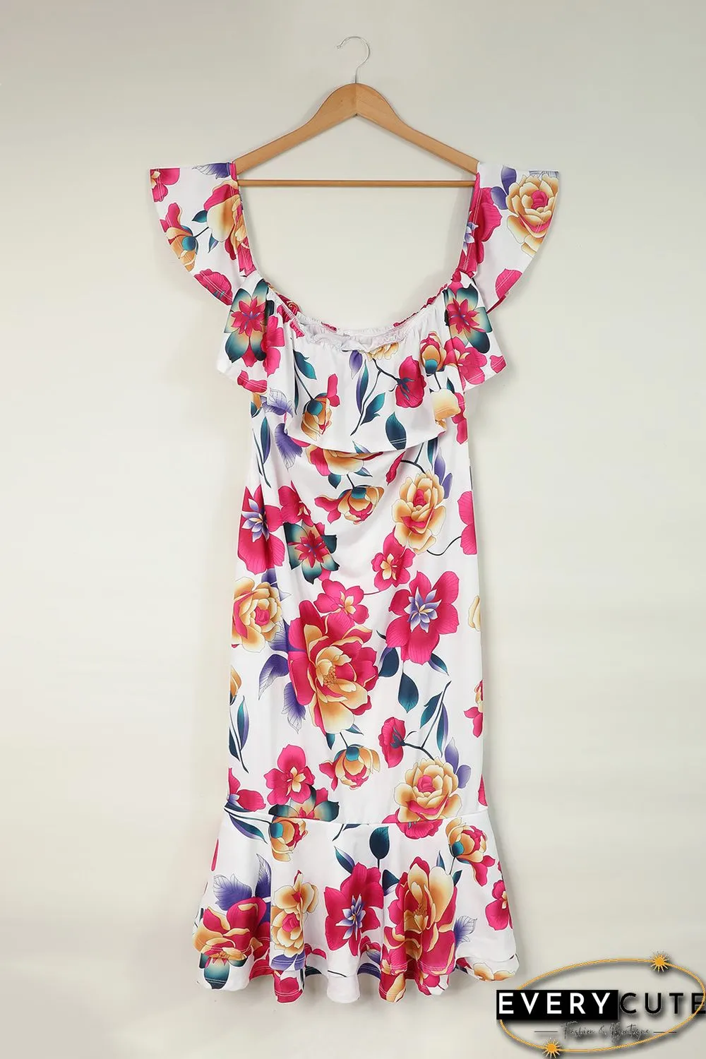 White Off-the-shoulder Floral Mermaid Plus Size Dress