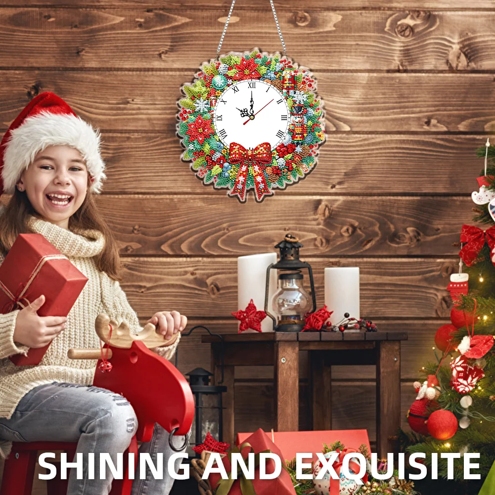 2D Flat DIY Christmas Wreath Acrylic Diamond Painting Clock Pendant Home Decor