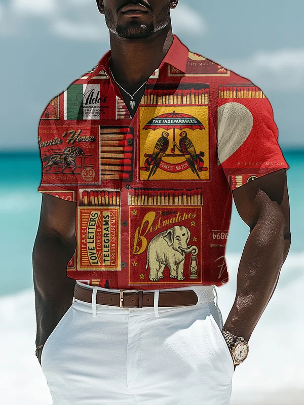 Men's Vintage Matchbox Pattern Print Short Sleeve Shirt