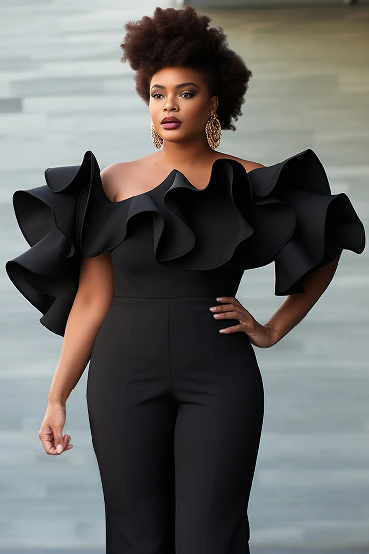 Xpluswear Design Plus Size Cocktail Party Black Off The Shoulder Ruffle Elegant 3D Jumpsuits [Pre-Order]