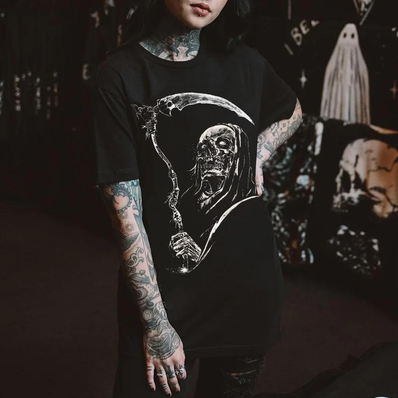 Grim Reaper Skull Printed Women's T-shirt -  