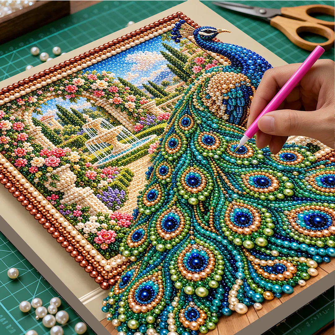 Framed Bead Painting Kit Pearl Peacock for Adults 11.81x11.81in