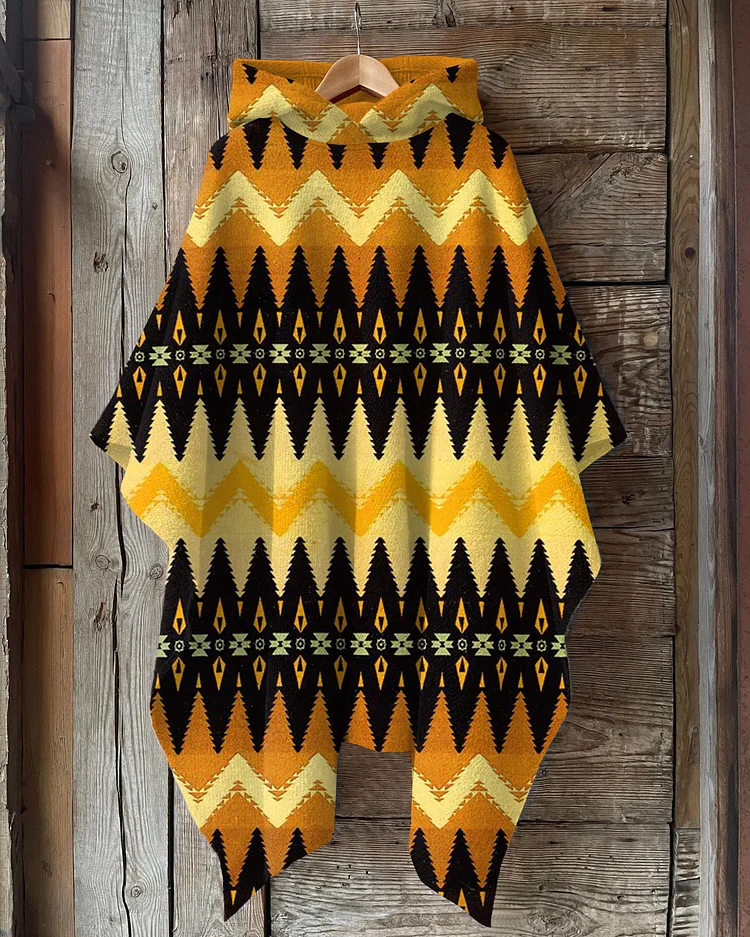 Native Southwest Yellow Stripes Hooded Warm Shawl Cape