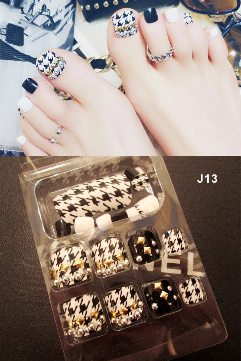 24 Pcs/Set Fresh Style Toe Fake Nails 3D Foot Full Toes Nail Art Tips False Nails  for Lady Girls Toenails Press on Nail