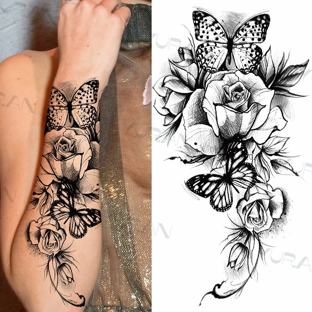 Black Large Snake Flower Fake Tattoo Sticker For Women Dot Rose Peony Temporary Tattoos DIY Water Transfer Tatoos Girls 1029