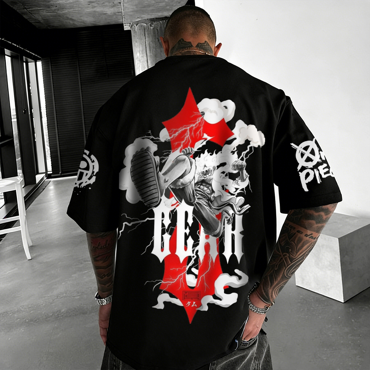 Men's Graphic Print Oversized Black Shirt with Bold Red and White Design