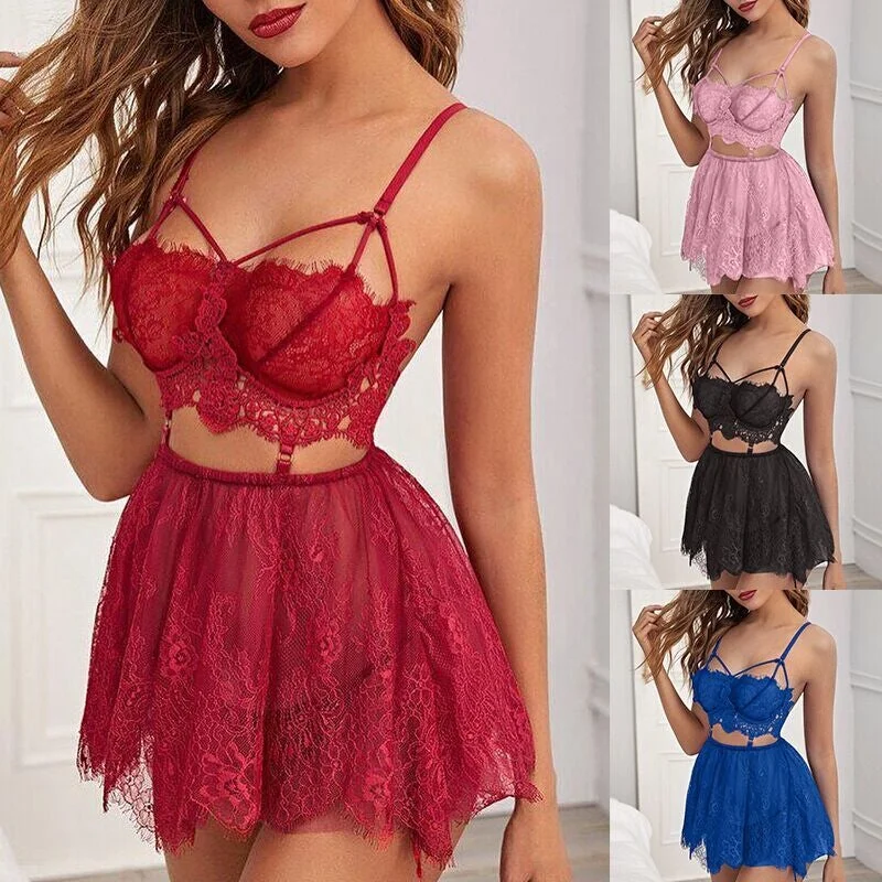Lady Sexy Nightwear Lingerie Outfits Lace Flower Bra+Mesh Short Skirt+Thong 3pcs Sets Extoic Sleepwear