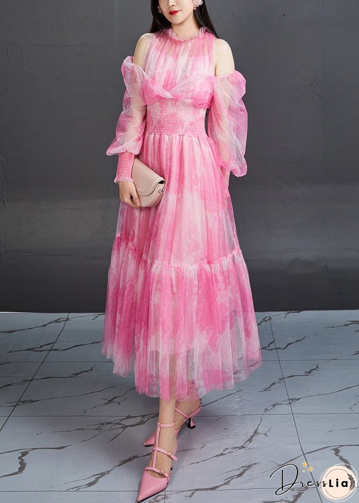 Stylish Pink Ruffled Print Elastic Waist Tulle Long Dresses Fall