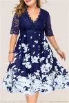 Plus Size Flower Printed Lace Midi Dress