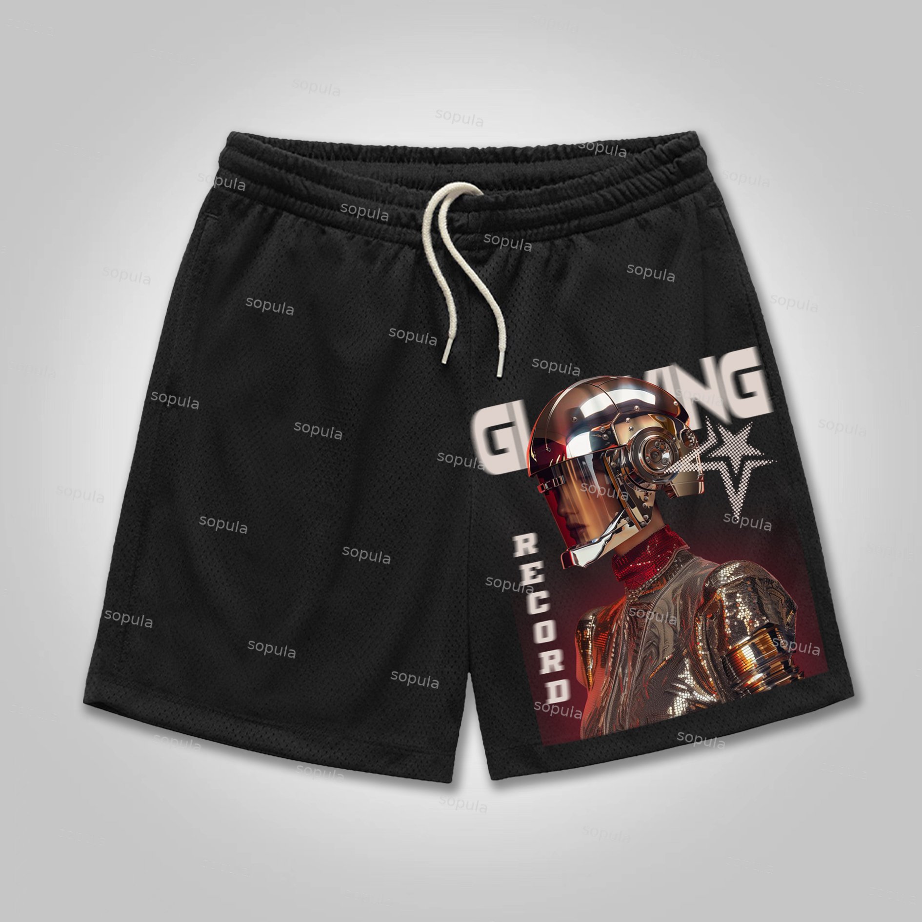 Vintage Glowing Astronaut Graphic Print Mesh Shorts - SOPULA