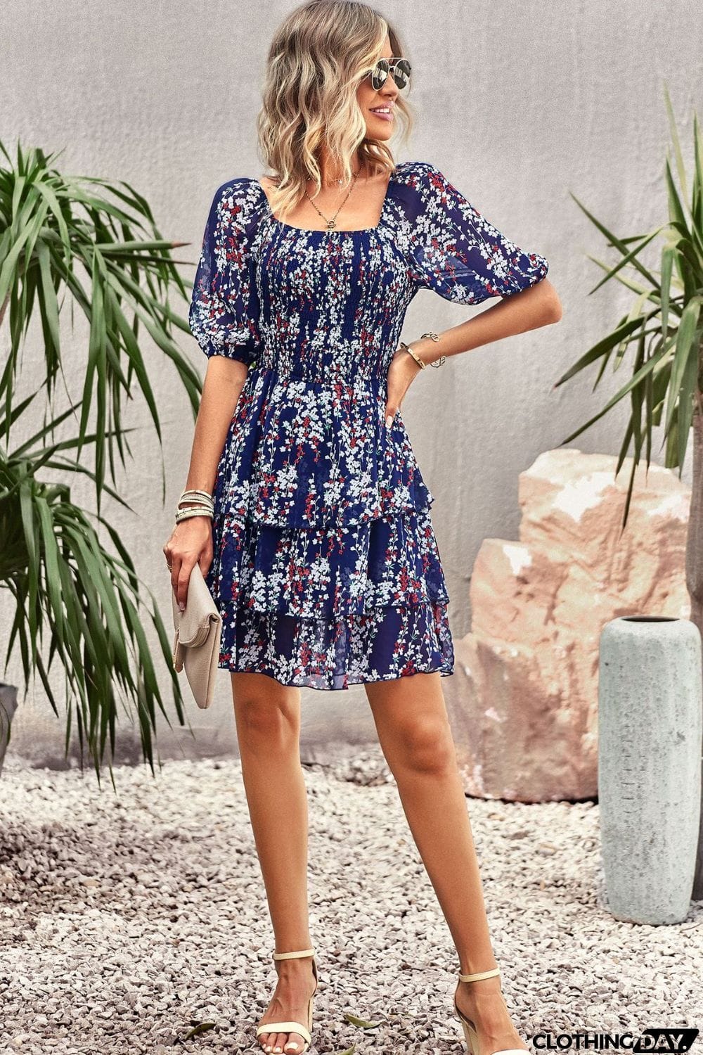 Smocked Square Neck Balloon Sleeve Mini Dress