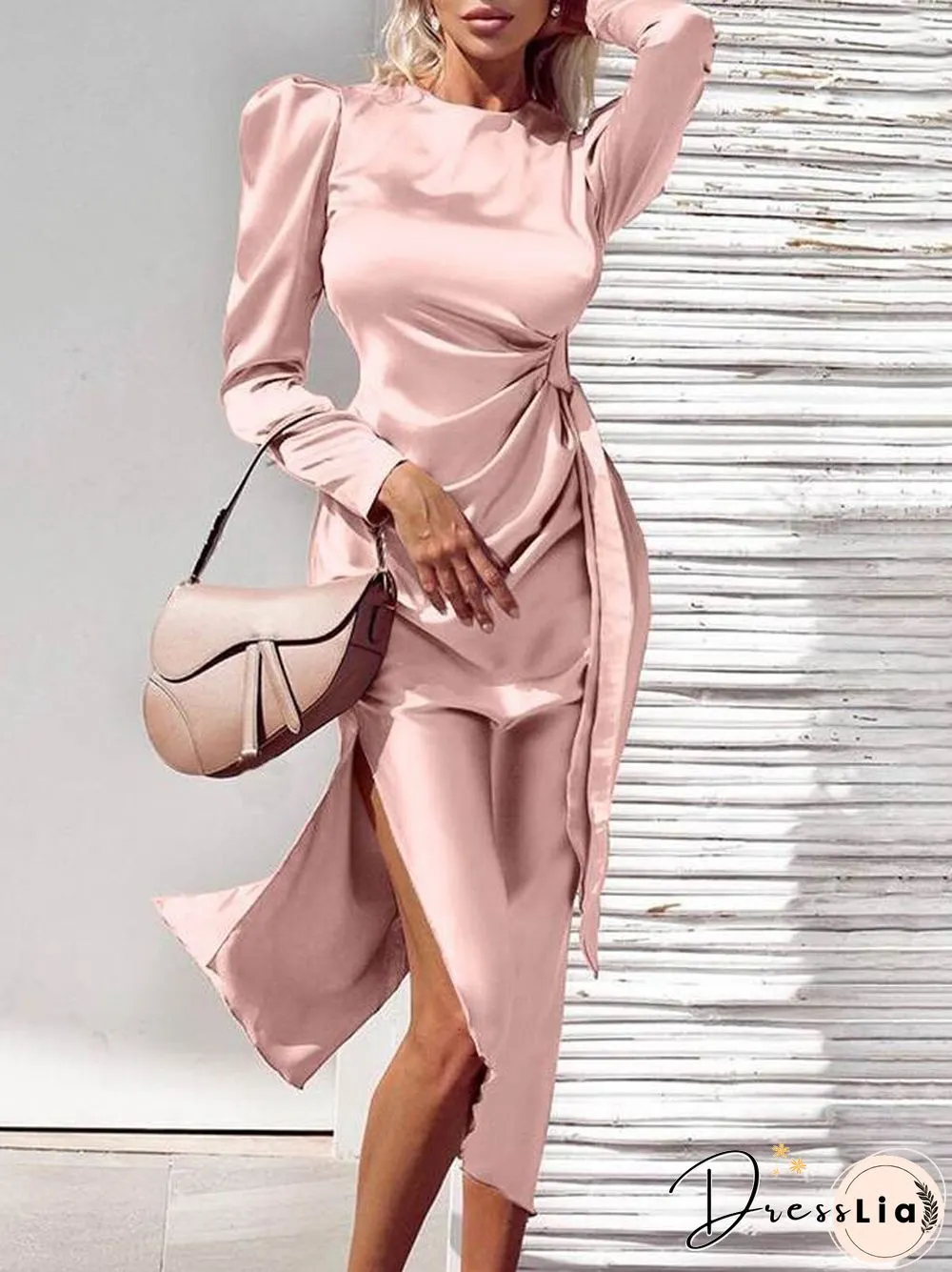Elegant Bow Lace-up Draped Irregular Dress Office Sexy Slit Solid Long Dresses Women Fashion Long Sleeved Bodycon Dress Vestidos