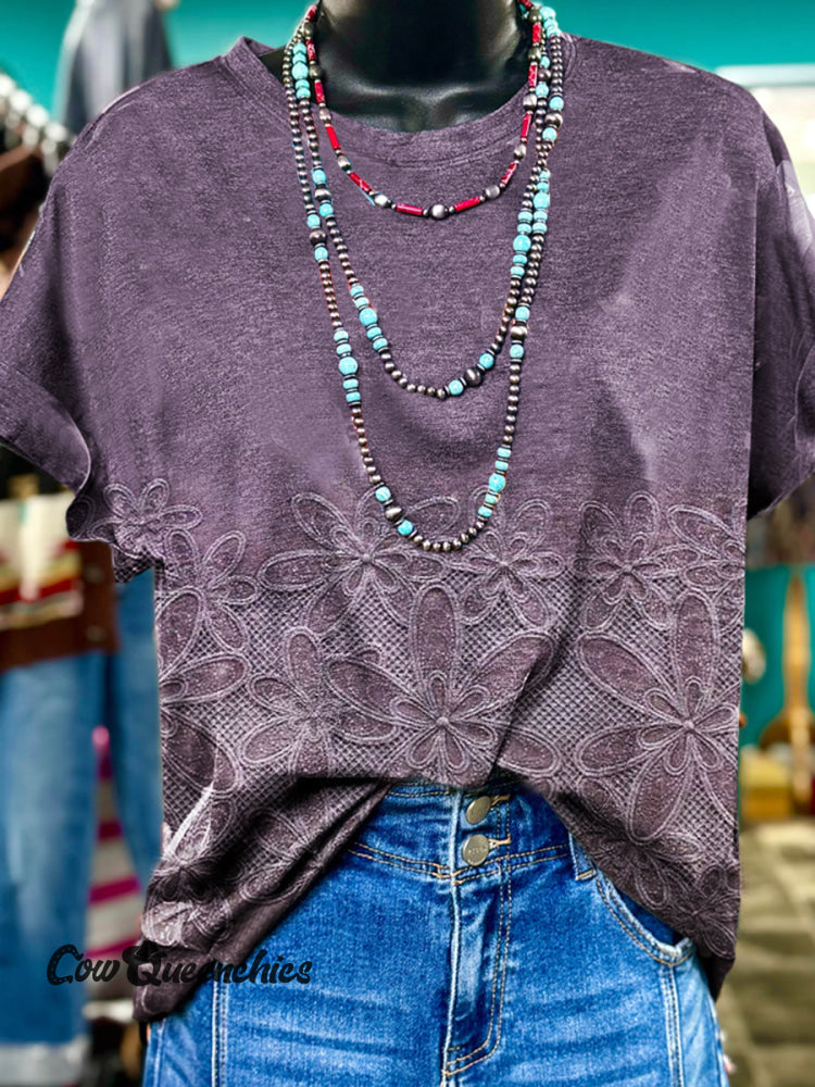 Vintage Floral Art Print Casaul Short Sleeve T-shirt Multicolor / S