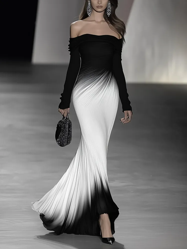 Shipping Off-Shoulder Black And White Gradient Maxi Dress