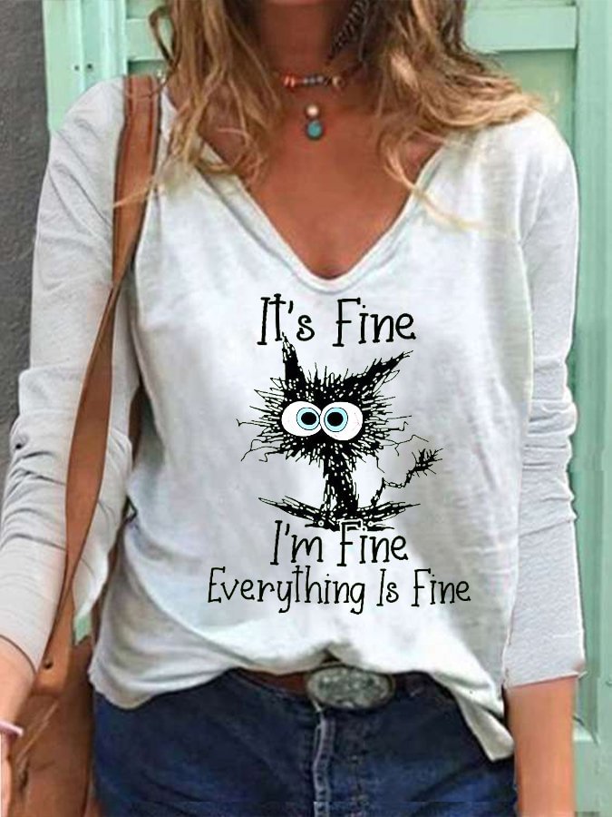 Women's It's Fine I'm Fine Everything Is Fine Print V-Neck Long Sleeve T-Shirt