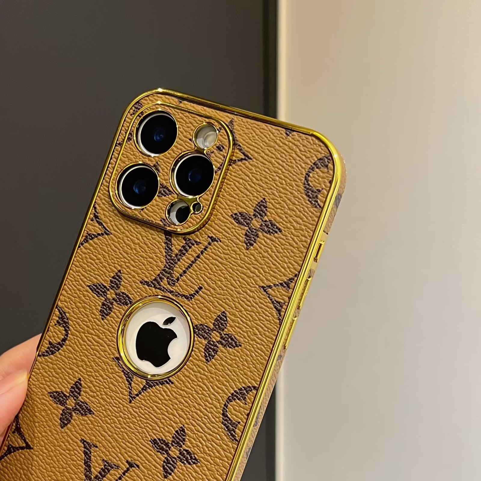 LV Electroplated Leather Monogram Canvas Checkerboard Apple iPhone Case