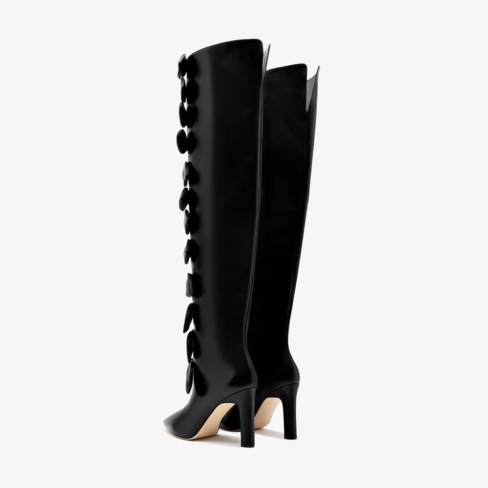Women's Black Wide Calf Chunky Heel Pointed Toe Boots with Bow Ties