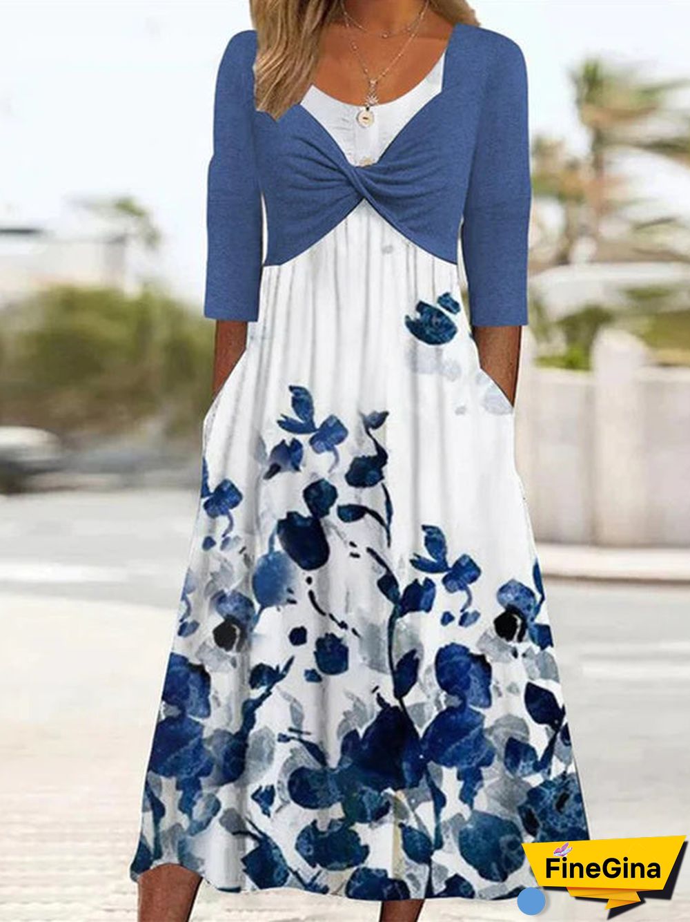 Women's Short Sleeve Scoop Neck Floral Printed Casual Midi Dress