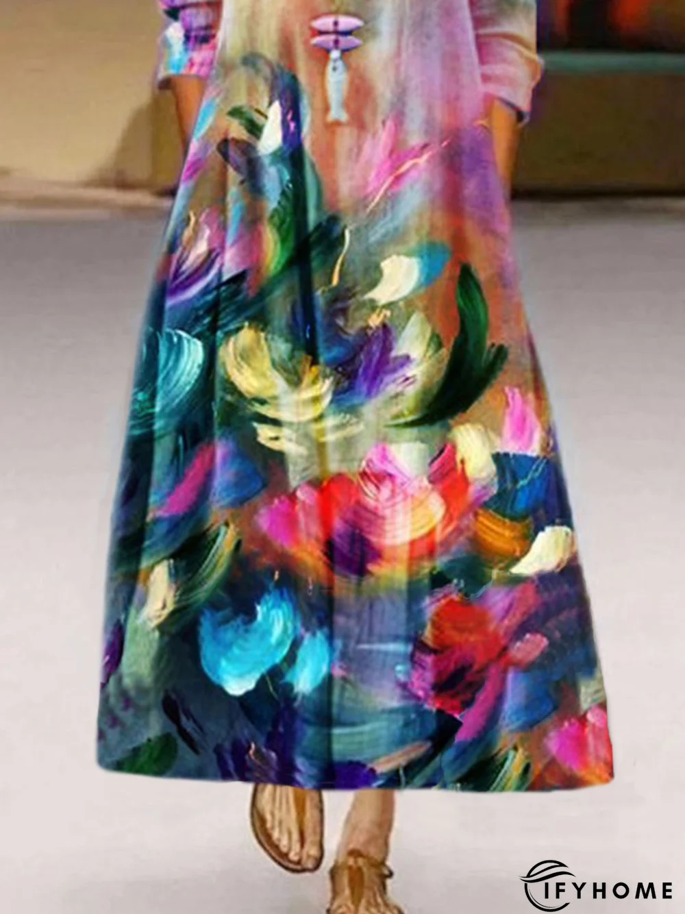 Casual 3/4 Sleeve Printed Weaving Dress | IFYHOME