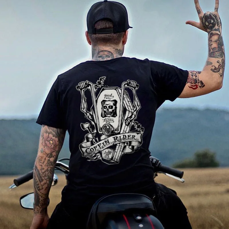 COFFIN RIDER Skeleton Motorcycle Print Men's T-shirt