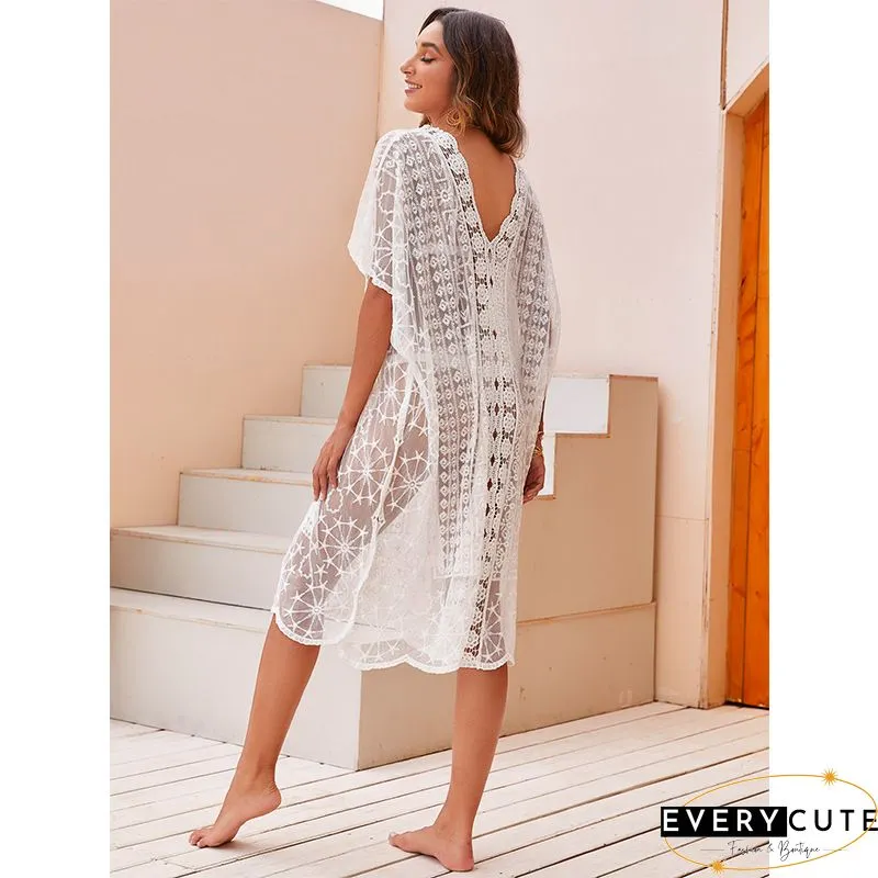 White Floret Trim V Neck Sheer Lace Beach Dress