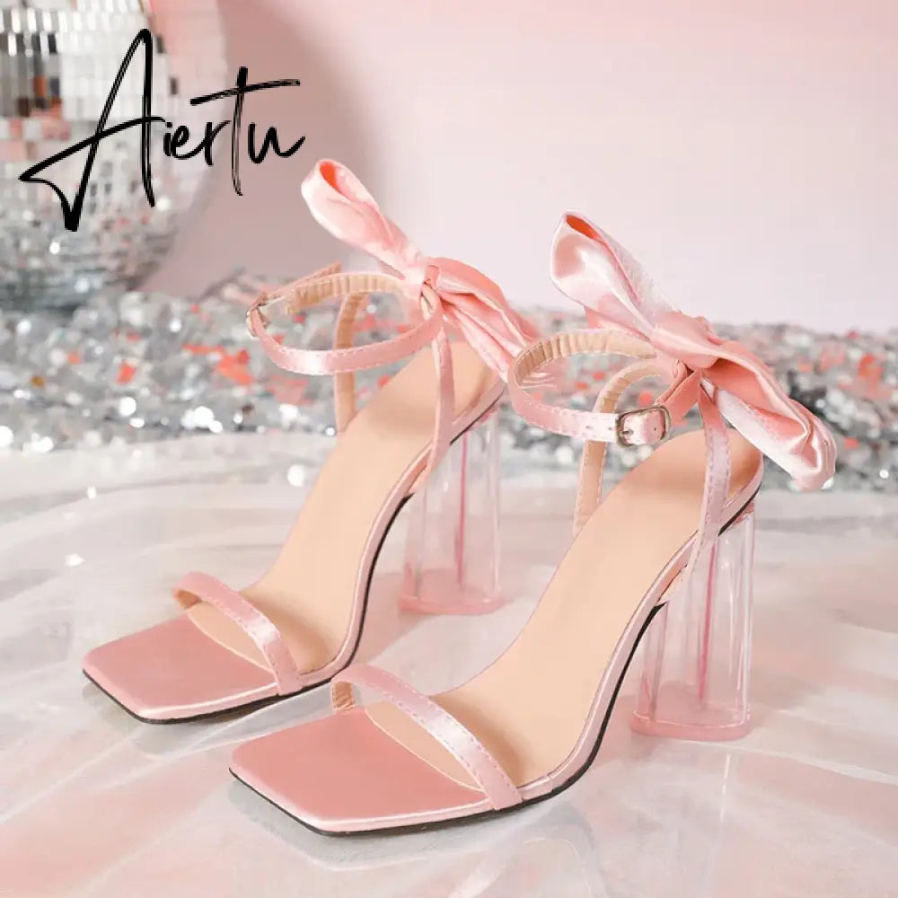 Aiertu  Fashion Design Pink Silk Bowknot Sandals Female Sexy Square Toe Buckle Strap Summer Shoes Women Strange Transparent Heels Aiertu