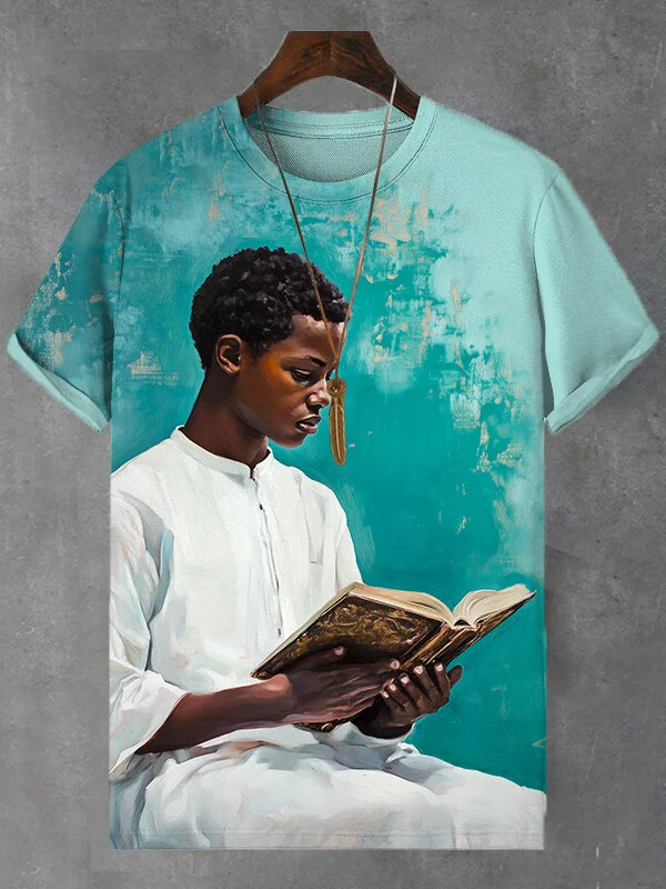 Men's Black Boy Choir Reading Oil Painting Casual T-Shirt