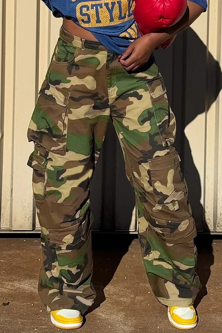 Camo Print High Waist Pockets Casual Pants-Green