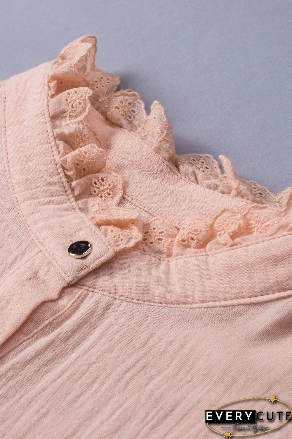 Pink Buttoned Lace Splicing Ruffle Textured Short Sleeve Shirt