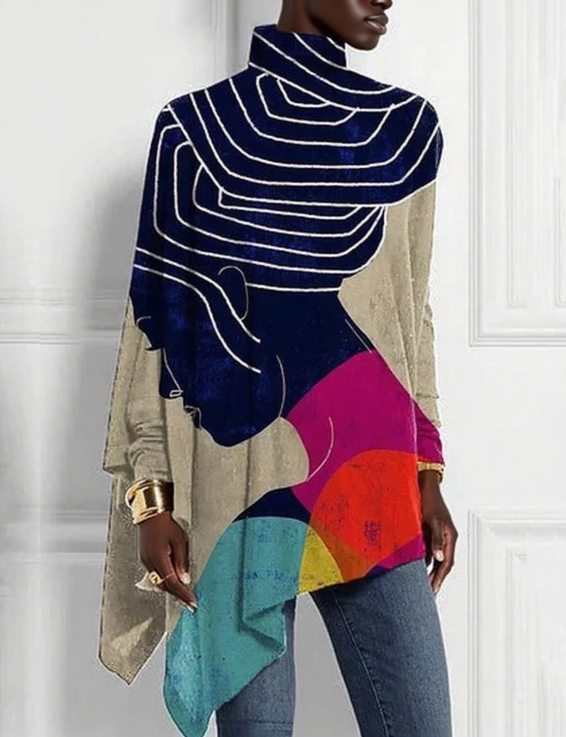 Art black color contrast stripe print loose turtleneck top