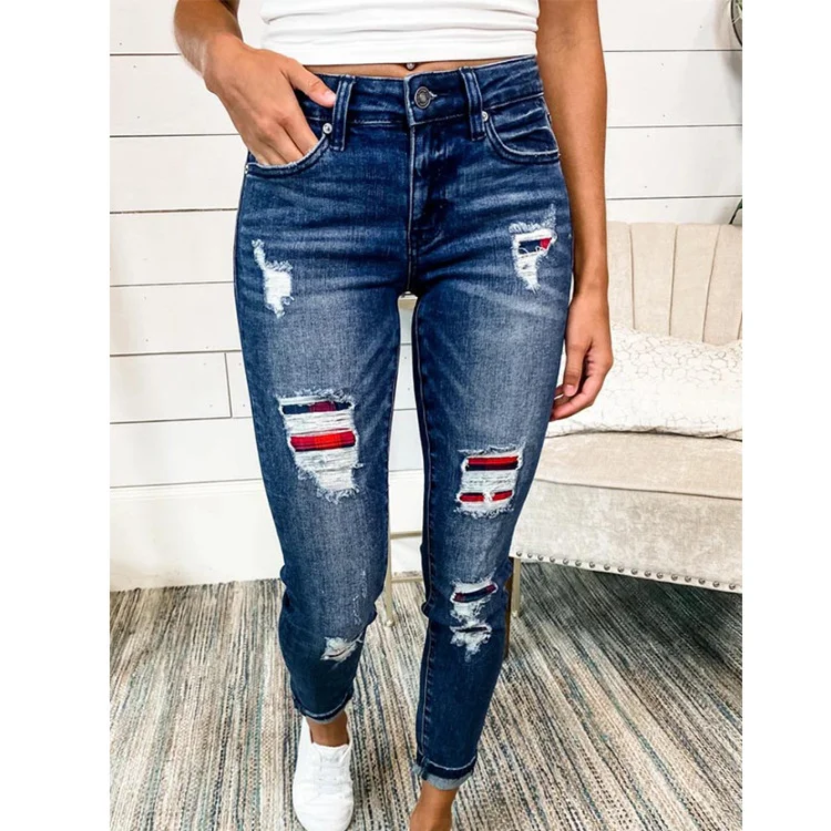 Womens Jeans Printed Patch Ripped Hole Washed Denim Trouser