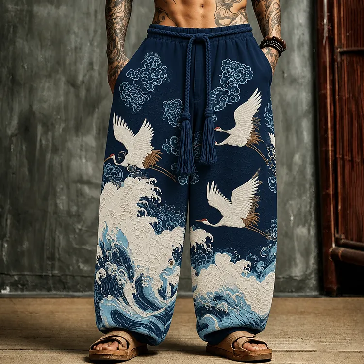 Men's Japanese Art Retro Crane Wave Cotton Linen Trousers