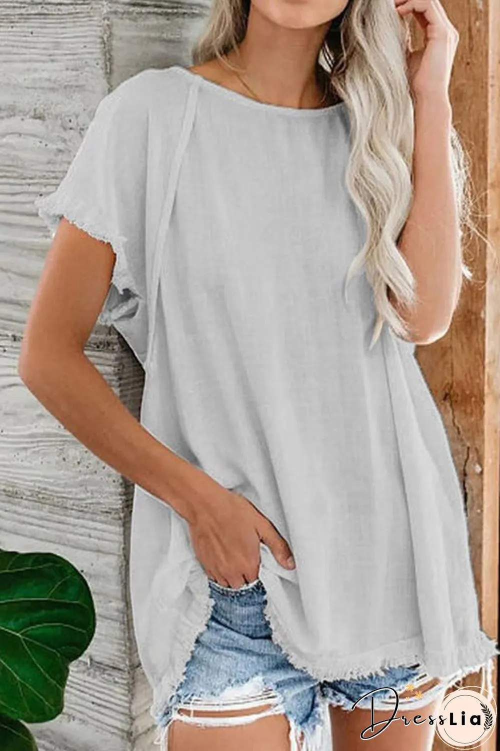 Raw Edge O Neck Short Sleeve T Shirt