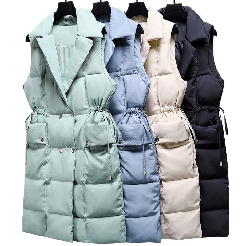 2021 Cotton Padded Down Vest Women Mid-Length Autumn Winter Warm Sleeveless Jacket Waistcoat Sashes Outerwear Student Vest