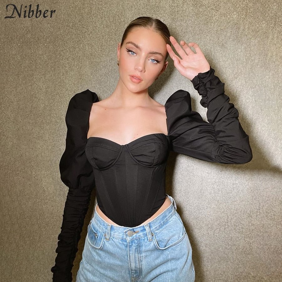 Nibber Elegant Romantic Irregular Croped Corset Top Women Stylish Puff Sleeve Vacation Crop Top Skinny Casual Streetwear Female