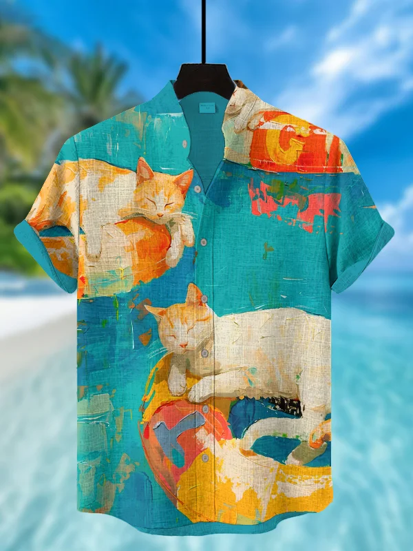 Men's Cat Lying On Swimming Ring Vacation Oil Painting Art Print Casual Shirt