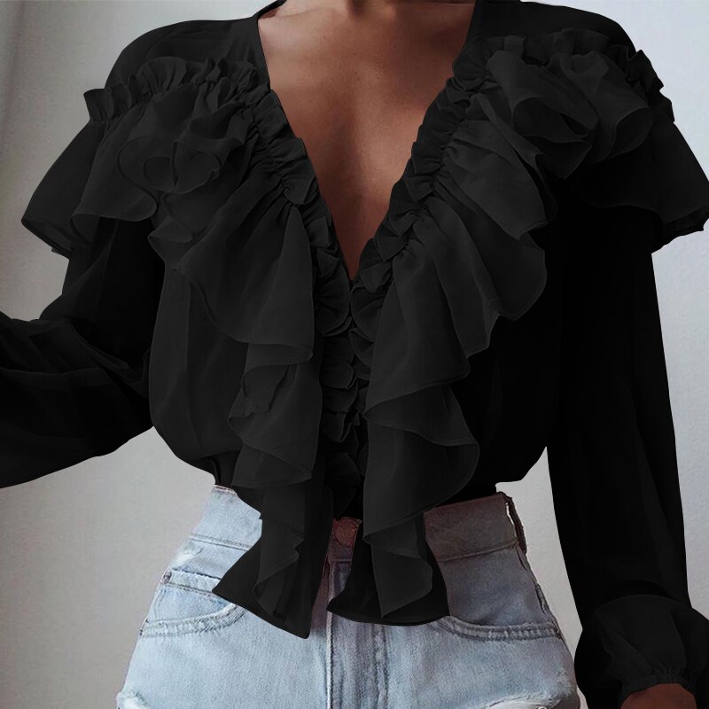 Women Summer Spring Long Sleeve Fashion Blouse Ruffles Sexy Deep V-Neck Elegant