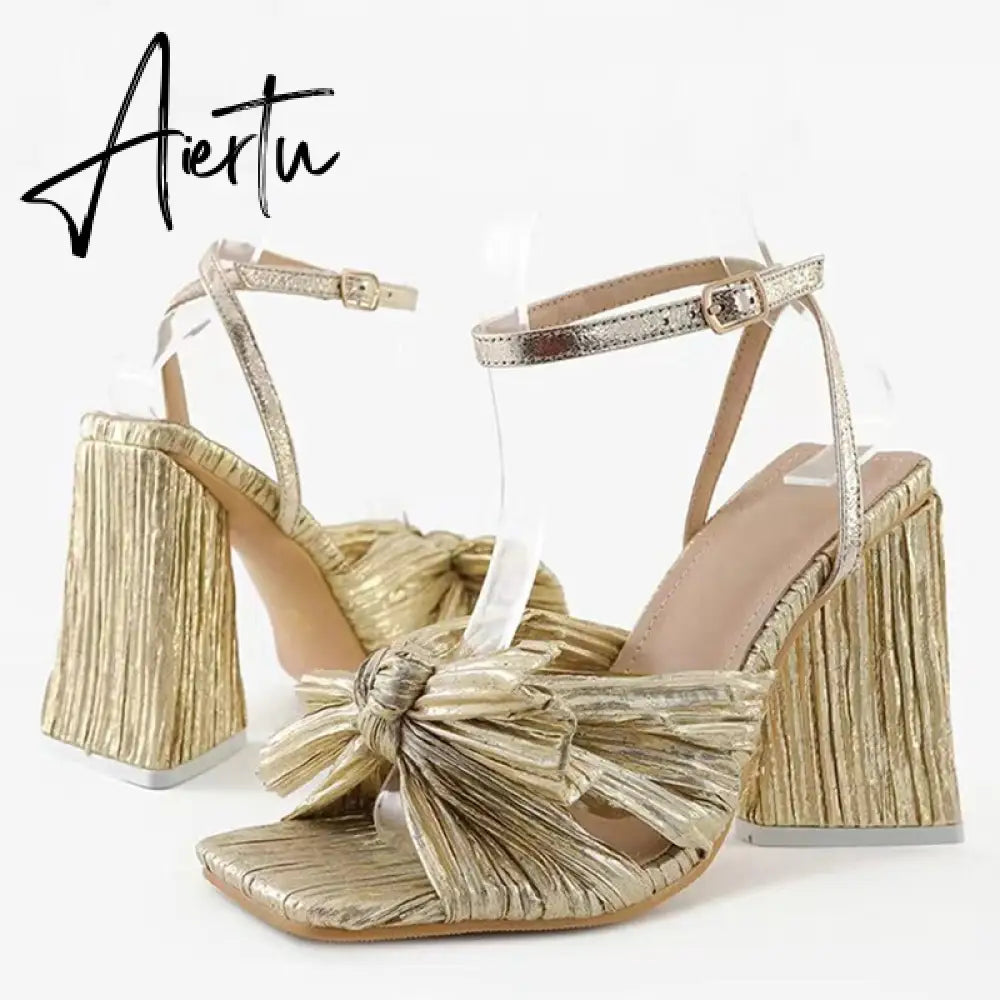 Size 44 45 46 Fashion Pleated Butterfly-Knot Womens Sandals Gladiator Peep Toe Buckle Strap Triangle High Heels Dress Shoe Aiertu