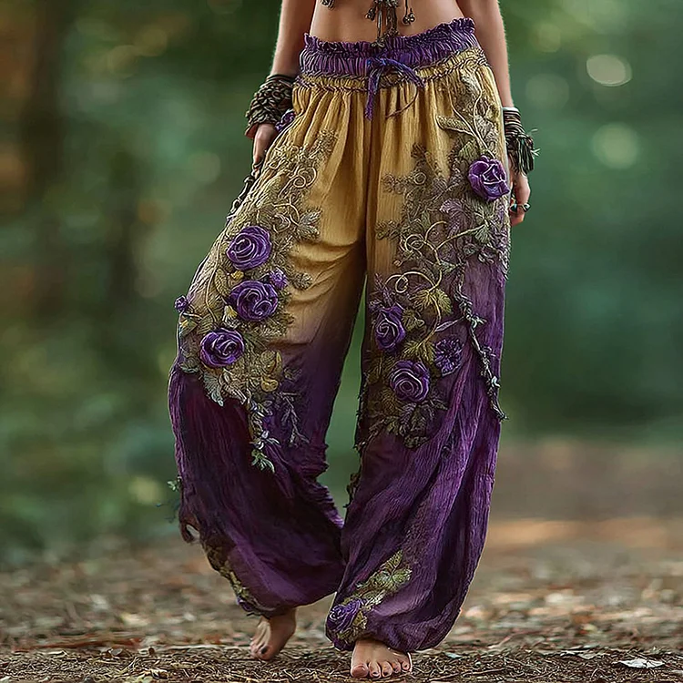 Women's Vintage Rose Floral Pattern Casual Pants