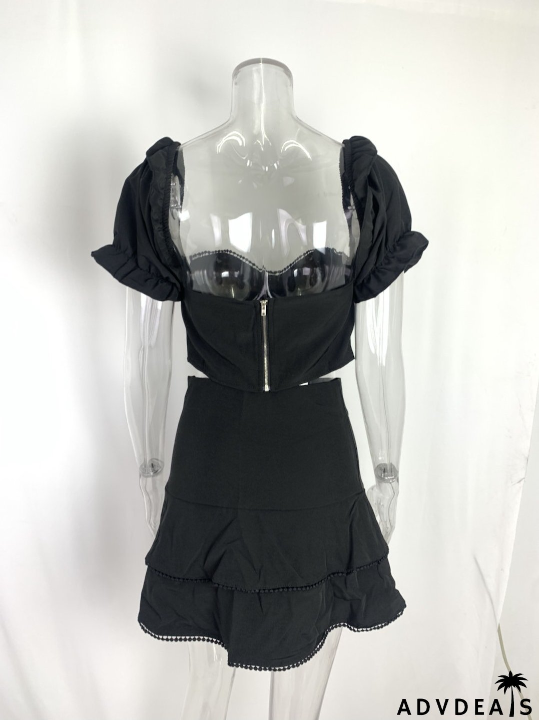 Women Sexy Printed Puff Sleeve Top and Skirt Casual Two-piece Set