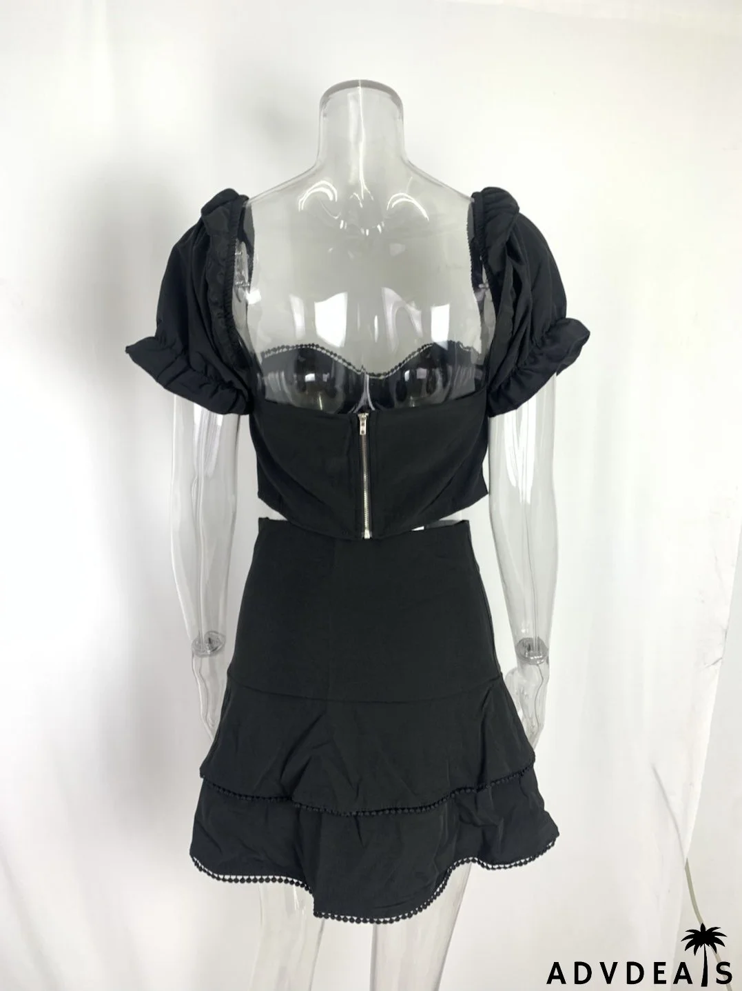 Women Sexy Printed Puff Sleeve Top and Skirt Casual Two-piece Set